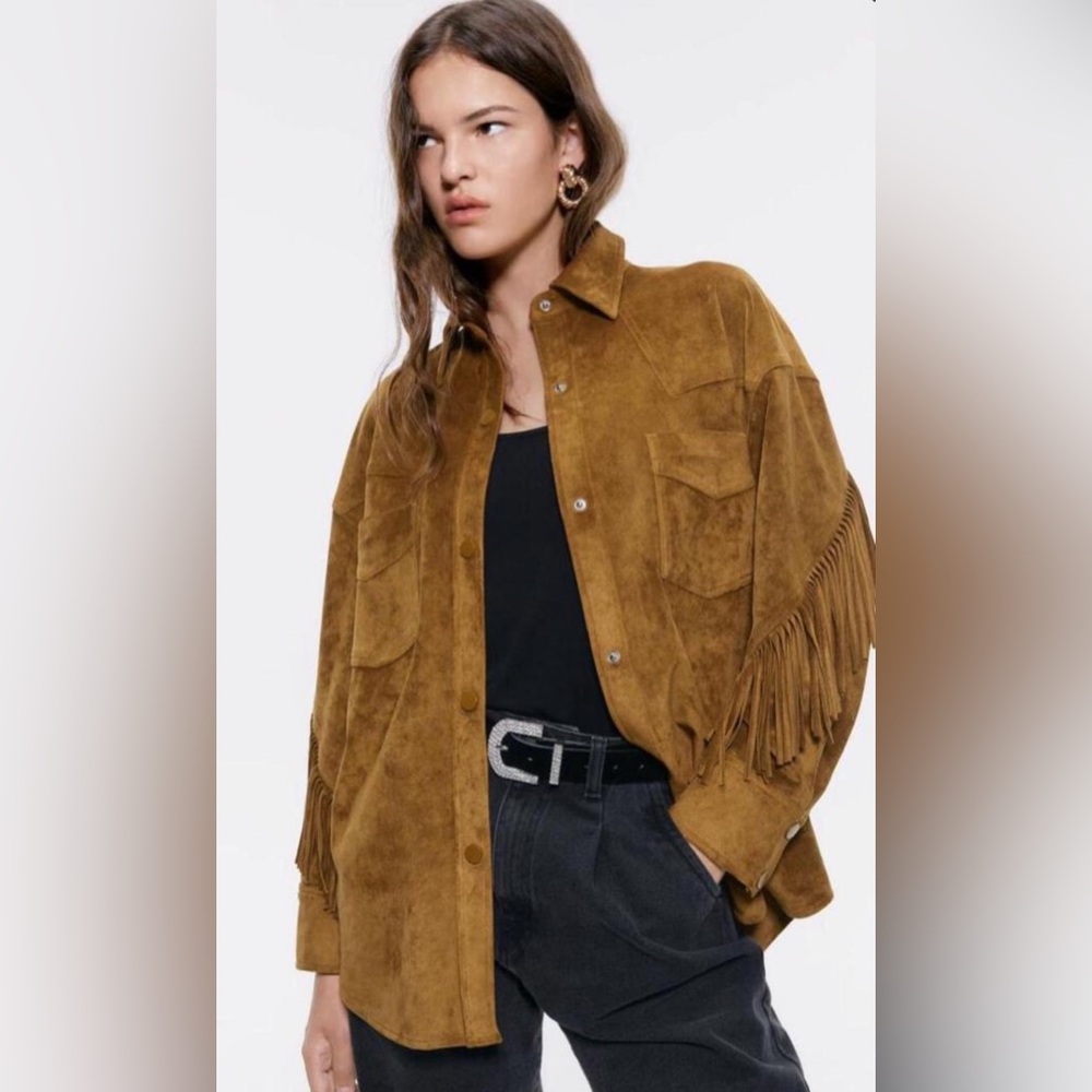Zara Faux Suede Fringe Shirt Jacket size M